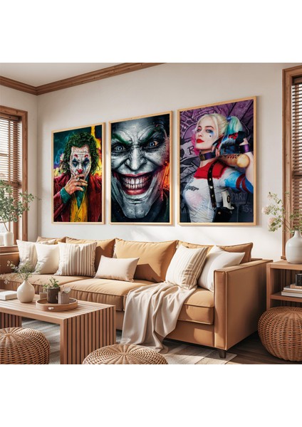 Ahşap Çerçeveli Jokerler ve Harley Quinn Üçlü Ahşap Tablo Seti fırsatları
