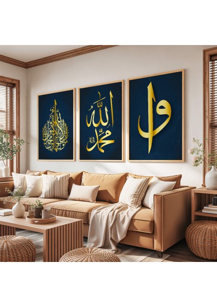 Ahşap Çerçeveli Allah Muhammed Lafzı Üçlü Ahşap Tablo Seti fırsatları