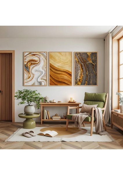 Ahşap Çerçeveli Sarı Renk Modern Üçlü Ahşap Tablo Seti modelleri