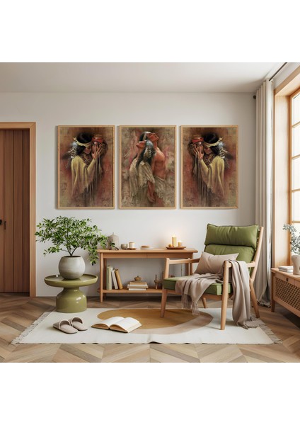 Ahşap Çerçeveli Kızıl Dereli Aşık Gençler Üçlü Ahşap Tablo Seti modelleri