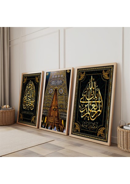Ahşap Çerçeveli Kabe Kapısı Üçlü Ahşap Tablo Seti fiyatları
