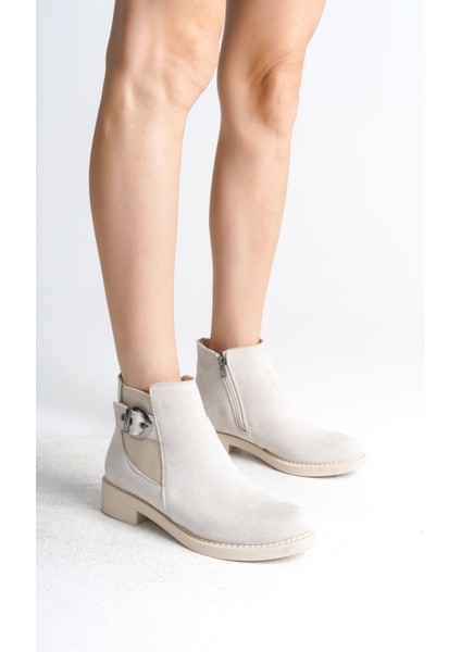 Luna Fermuarlı Lastikli Ortopedik Taban Topuklu Süet Kadın Bot Skt - Krem