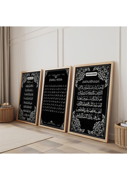 Ahşap Çerçeveli Gri Yazılı Esmaül Hüsna Ayetel Kürsi Fatiha Suresi Dini Üçlü Ahşap Tablo Seti fiyatları