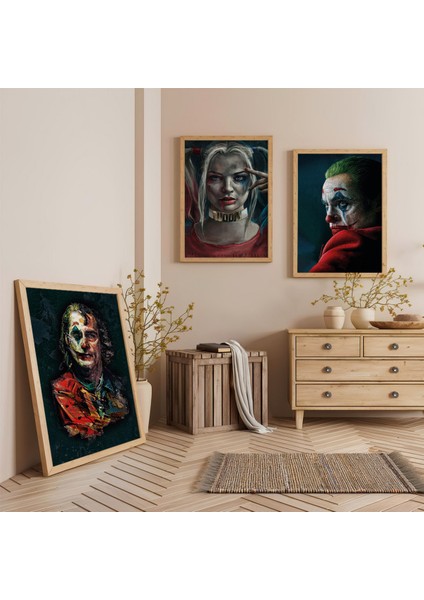 Ahşap Çerçeveli Harleyquinn ve Jokerler Üçlü Ahşap Tablo Seti