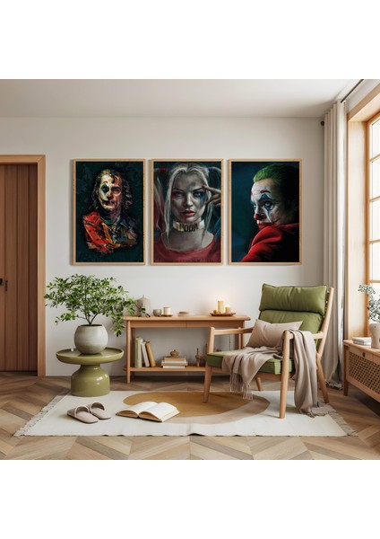 Ahşap Çerçeveli Harleyquinn ve Jokerler Üçlü Ahşap Tablo Seti modelleri