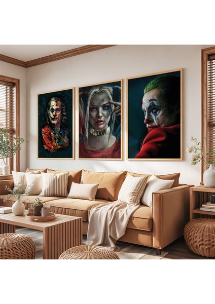 Ahşap Çerçeveli Harleyquinn ve Jokerler Üçlü Ahşap Tablo Seti fırsatları