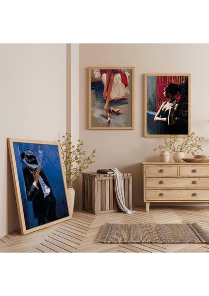 Ahşap Çerçeveli Moda ve Melankoli Üçlü Ahşap Tablo Seti