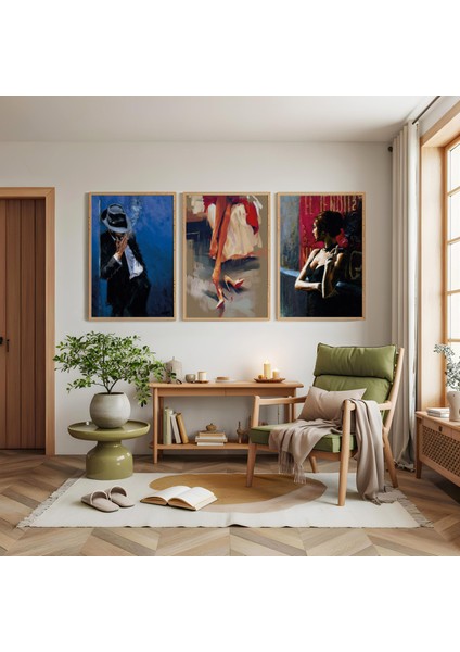 Ahşap Çerçeveli Moda ve Melankoli Üçlü Ahşap Tablo Seti modelleri