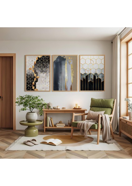 Ahşap Çerçeveli Siyah ve Altının Dansı Üçlü Ahşap Tablo Seti modelleri