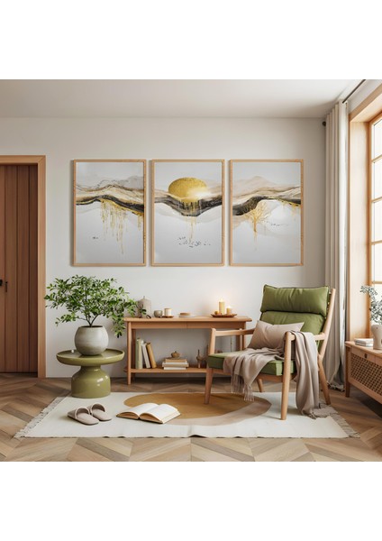 Ahşap Çerçeveli Altın Ufuklar Üçlü Ahşap Tablo Seti modelleri