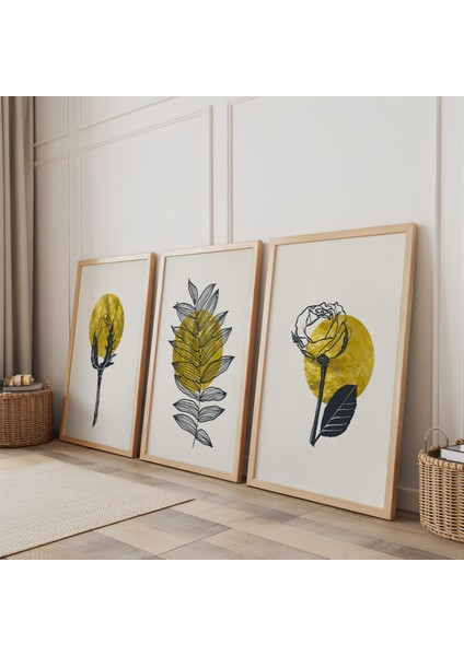 Ahşap Çerçeveli Minimalist Bitkiler Üçlü Ahşap Tablo Seti fiyatları