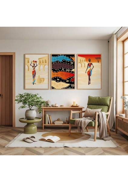 Ahşap Çerçeveli Afrika Esintisi Üçlü Ahşap Tablo Seti modelleri