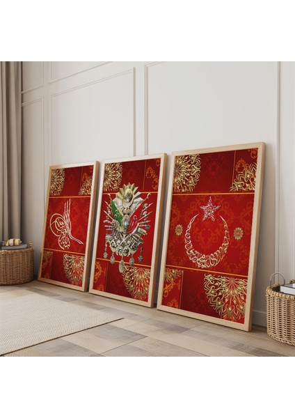 Ahşap Çerçeveli Kırmızı Arka Planlı Gold Desenli Osmanlı Tuğrası Üçlü Ahşap Tablo Seti fiyatları