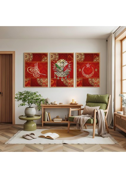 Ahşap Çerçeveli Kırmızı Arka Planlı Gold Desenli Osmanlı Tuğrası Üçlü Ahşap Tablo Seti modelleri