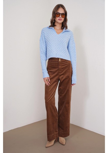 6896 Kadın Örgü Detaylı Crop Triko Kazak Bebe Mavi fiyatları