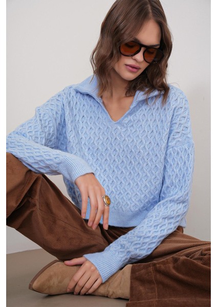 6896 Kadın Örgü Detaylı Crop Triko Kazak Bebe Mavi modelleri