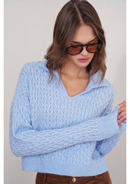 6896 Kadın Örgü Detaylı Crop Triko Kazak Bebe Mavi fırsatları