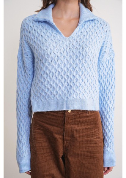 6896 Kadın Örgü Detaylı Crop Triko Kazak Bebe Mavi indirimleri