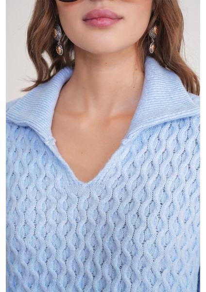 6896 Kadın Örgü Detaylı Crop Triko Kazak Bebe Mavi