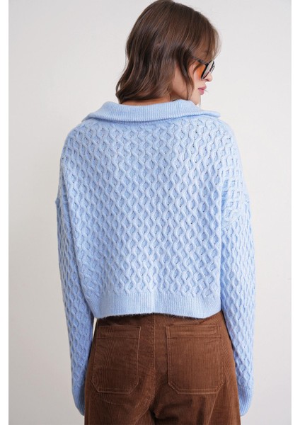6896 Kadın Örgü Detaylı Crop Triko Kazak Bebe Mavi