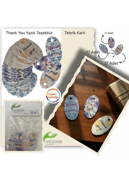 Thank You Yazılı Teşekkür Tebrik Kartı 2,5cmx4,5cm 51 Adet (3 Farklı Çiçek Desen)