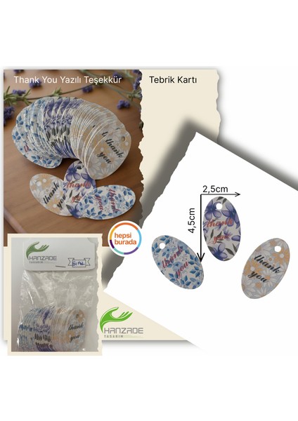 Thank You Yazılı Teşekkür Tebrik Kartı 2,5cmx4,5cm 51 Adet (3 Farklı Çiçek Desen) fiyatları