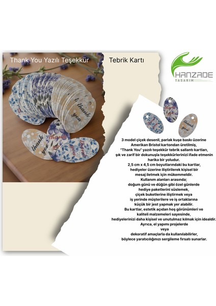 Thank You Yazılı Teşekkür Tebrik Kartı 2,5cmx4,5cm 51 Adet (3 Farklı Çiçek Desen) modelleri