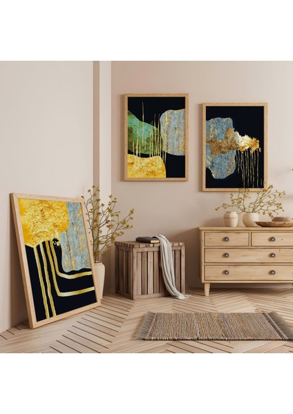 Ahşap Çerçeveli Altın Akış Üçlü Ahşap Tablo Seti