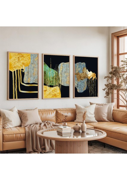 Ahşap Çerçeveli Altın Akış Üçlü Ahşap Tablo Seti indirimleri