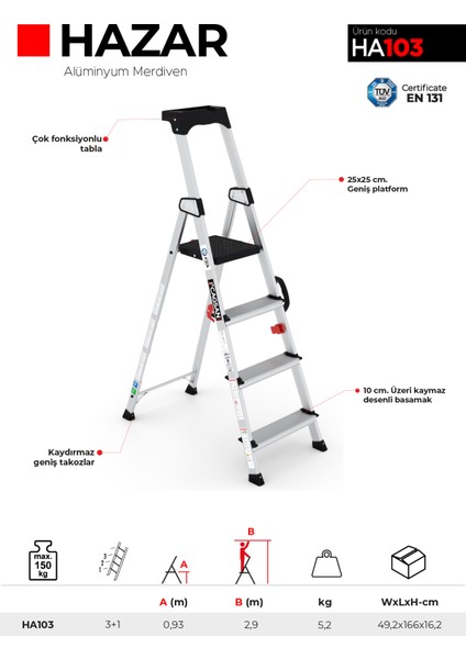 3+1 Basamaklı Hazar - Hazar Alüminyum Merdiven Ha103 fırsatları