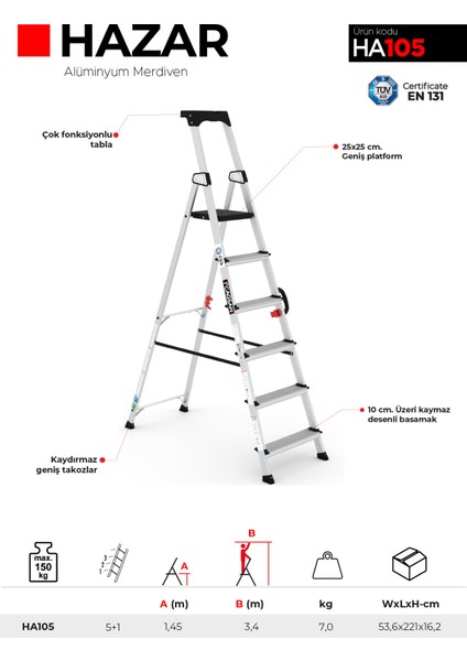 5+1 Basamaklı Hazar - Hazar Alüminyum Merdiven Ha105 fırsatları