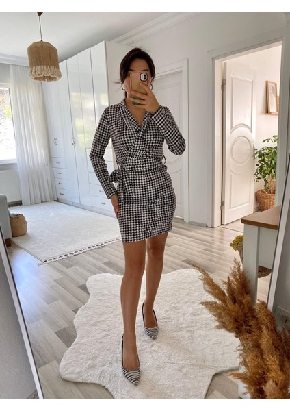 Kadın Uzun Kollu Kruvaze Yaka Bağlamalı Kemer Dalgıç Mini Boy Elbise indirimleri