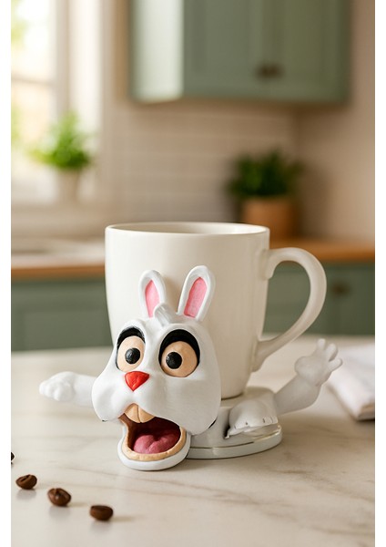 Şaşkın Tavşan Sürpriz Bardak Altlığı | Kupa Konunca Hareket Eden 3D Baskı Hayvan Coaster | Masaüstü Eğlencesi -Beyaz