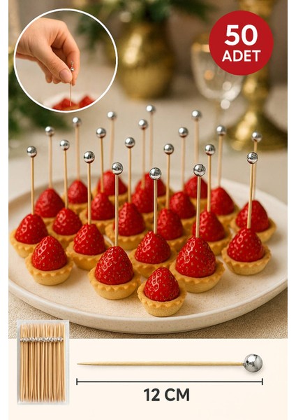 50’li Gümüş Top Başlıklı 12 cm Bambu Kürdan Seti – Kokteyl, Tatlı ve Davet Sunumları Için Şık Seçim