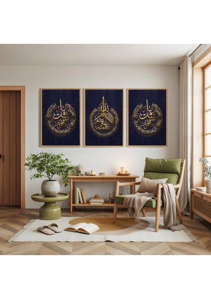 Ahşap Çerçeveli Altın Ayetler Temalı Üçlü Ahşap Tablo Seti modelleri