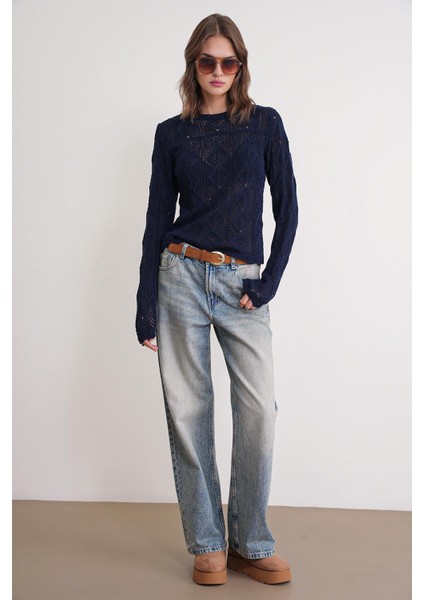6867 Kadın Kare Desen Ajurlu Triko Kazak Lacivert fiyatları