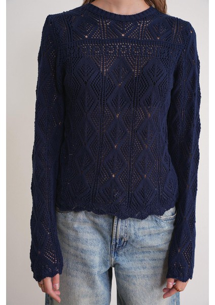 6867 Kadın Kare Desen Ajurlu Triko Kazak Lacivert indirimleri