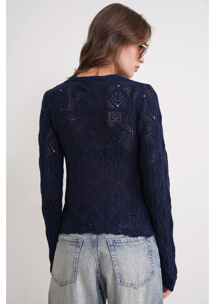 6867 Kadın Kare Desen Ajurlu Triko Kazak Lacivert
