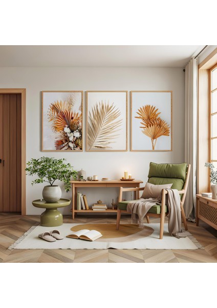 Ahşap Çerçeveli Kuru Yaprakların Dansı Üçlü Ahşap Tablo Seti modelleri