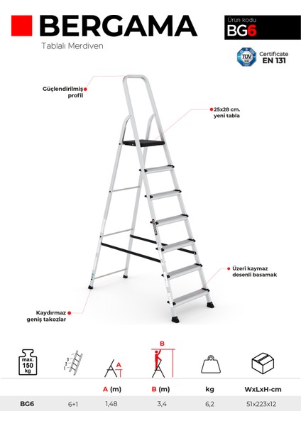 6+1 Basamaklı Bergama - Tablalı Merdiven 6+1 Bg6 fırsatları