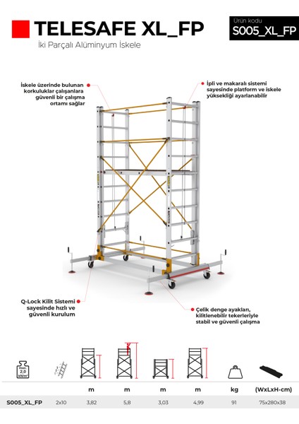 2x10 Basamaklı Telesafe XL_FP - İki Parçalı Alüminyum İskele S005_XL_FP
