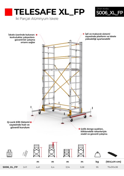 2x11 Basamaklı Telesafe XL_FP - İki Parçalı Alüminyum İskele S006_XL_FP