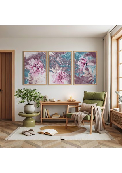 Ahşap Çerçeveli Mistik Bahçe Üçlü Ahşap Tablo Seti modelleri