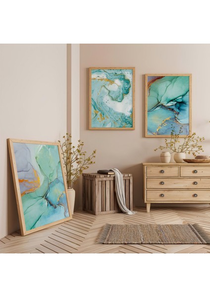 Ahşap Çerçeveli Akışkan Sanat Üçlü Ahşap Tablo Seti