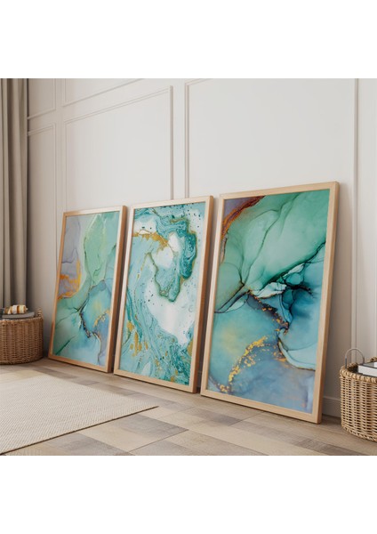 Ahşap Çerçeveli Akışkan Sanat Üçlü Ahşap Tablo Seti fiyatları