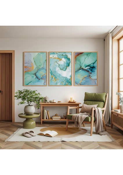 Ahşap Çerçeveli Akışkan Sanat Üçlü Ahşap Tablo Seti modelleri