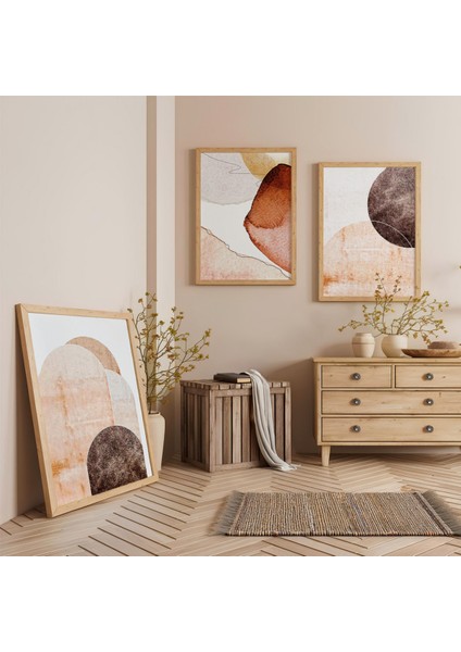 Ahşap Çerçeveli Minimalist Soyut Sanat Üçlü Ahşap Tablo Seti