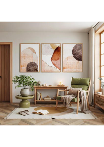 Ahşap Çerçeveli Minimalist Soyut Sanat Üçlü Ahşap Tablo Seti modelleri