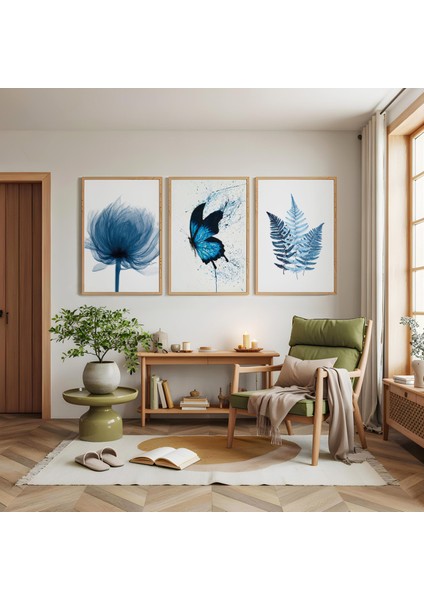 Ahşap Çerçeveli Kelebek ve Mavi Yaprak Motifli Üçlü Ahşap Tablo Seti modelleri