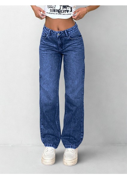 Kadın Yüksek Bel Bol Paça Palazzo Kot Pantolon Mavi